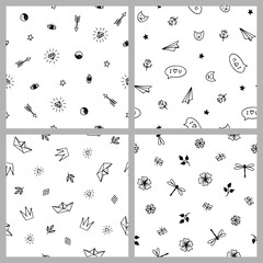 Set of four hand drawn minimalistic patterns, cute pop fashion elements