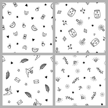 Set of four hand drawn minimalistic patterns, cute pop fashion elements