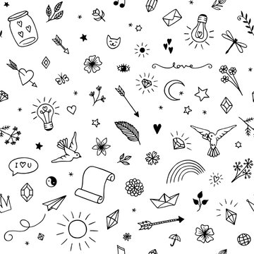 Seamless pattern with various hand drawn decorative and fun elements in black and white