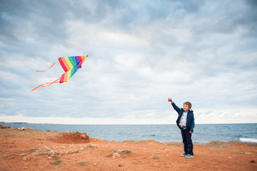 handsome little boy holding flying kite on the overcast sea and sky background