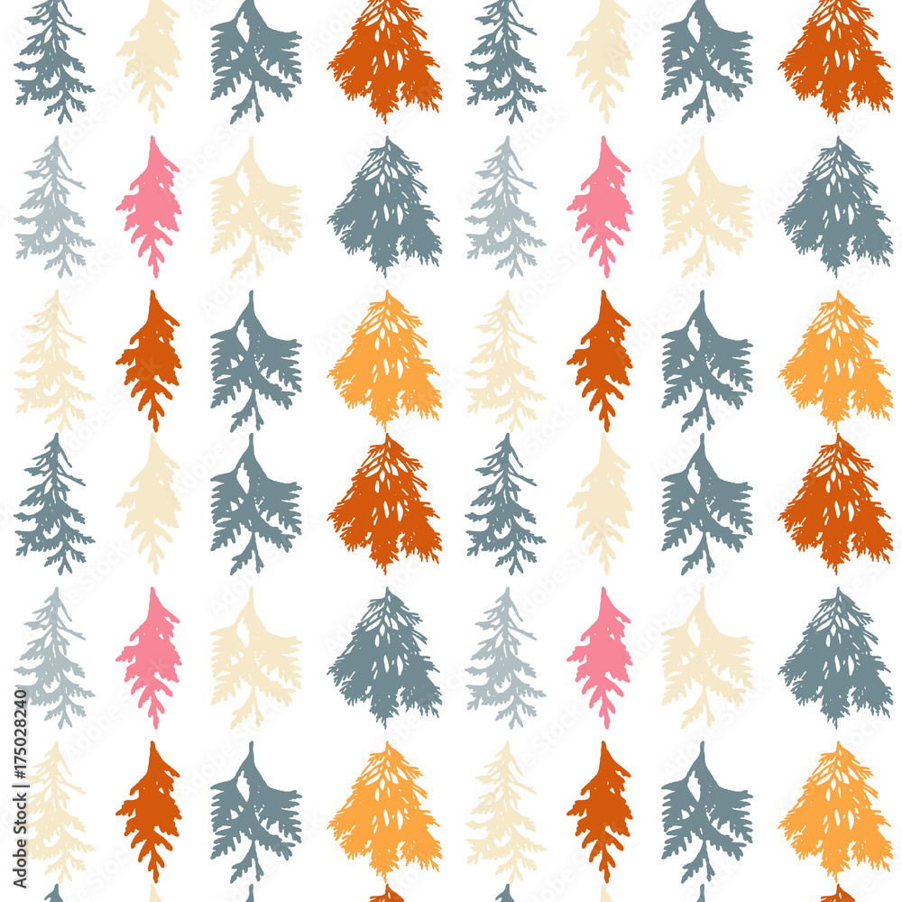 Poster floral vector seamless pattern with evergreen fur or pine tree twigs and branches on white backgroun