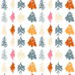 Floral vector seamless pattern with evergreen fur or pine tree twigs and branches on white background.