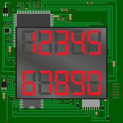 electronic figures red. The dial on a Microcircuit background. Number - 1, 2, 3, 4, 5, 6, 7, 8, 9, 0. vector