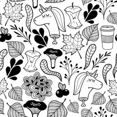 Endless pattern in black and white with dead unicorns heads.