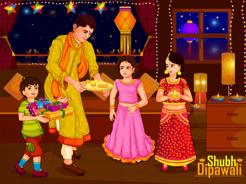 Indian family people celebrating Diwali festival of India