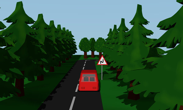 Darstellung der Straßensituation Doppelkurve mit Verkehrsschild mit rotem Auto.