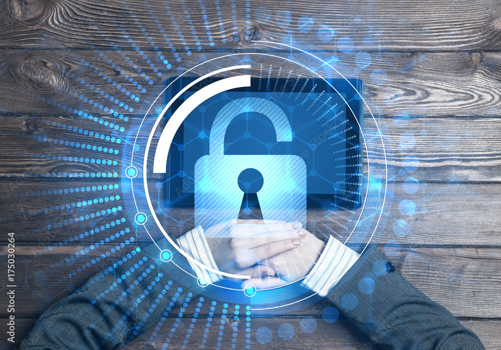 Poster concept of computer access with media lock icon on tablet screen