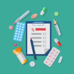 Medical supplies set cartoon style. Medical supplies set in cartoon style on a green background for designers and illustrators. Kit of an ambulance doctor in the form of a vector illustration