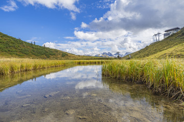 Reflection on Lake Schlappold on Fellhorn Mountain/ Bavaria