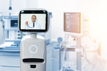 Robotic advisor service technology in healthcare smart hospital , artificial intelligence concept. Operating room and service robot display telemonitoring with professor doctor with flare light.