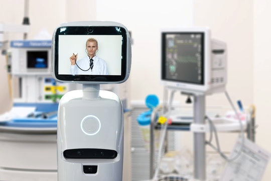 Robotic advisor service technology in healthcare smart hospital , artificial intelligence concept. Operating room and service robot display telemonitoring with professor doctor.