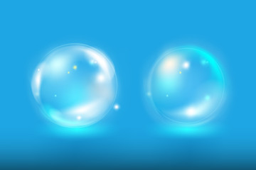 Beautiful, soft, shiny and glossy, transparent soap bubbles with reflection set on bright blue background with glow. Vector illustration