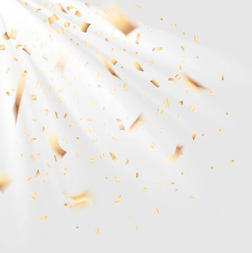 Golden confetti. Falling shiny confetti and light isolated on white background. Vector