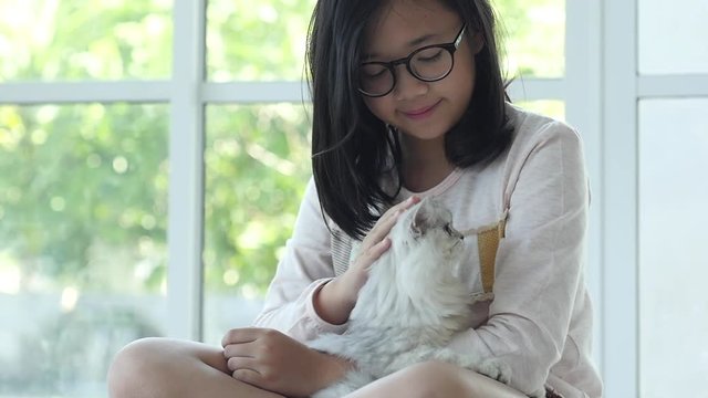 Cute asian girl hugging and holding kitten 