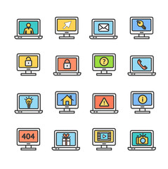 Computer Screen Symbols with Signs Color Thin Line Icon Set. Vector