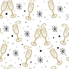 Background with champagne glasses. Seamless Christmas or New Year vector pattern.