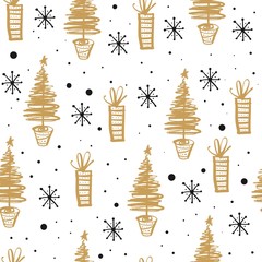 Materiał do szycia Winter seamless pattern with christmas trees. Hand drawn vector illustration. Wrapping paper Christmas.