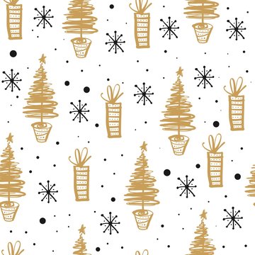 Winter seamless pattern with christmas trees. Hand drawn vector illustration. Wrapping paper Christmas.