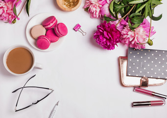 Pink peonies, coffee with milk and cute feminine accessories