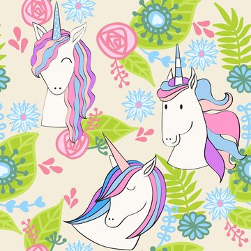 Magic cute unicorn with flowers. Vector seamless pattern