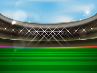 Soccer stadium vector banner. Football arena with spotlights, tribunes and green grass.