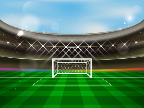 Soccer stadium vector banner. Football arena with spotlights, tribunes, soccer goal net and green grass.