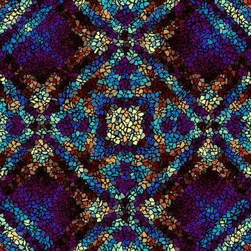 Seamless background pattern. Irregular decorative geometric mosaic art tile pattern from uneven broken pieces on black background.
