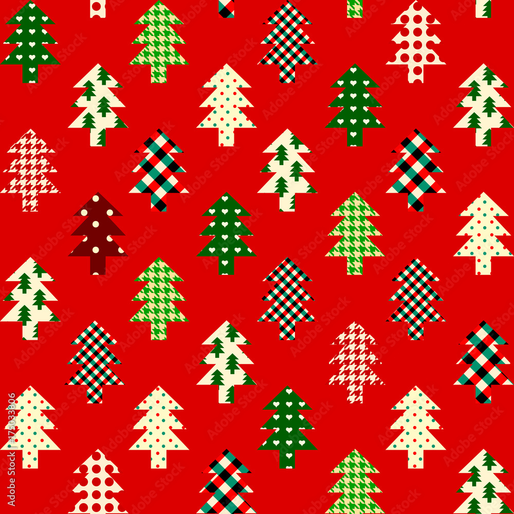 Poster seamless christmas background in patchwork style. christmas trees on red background.