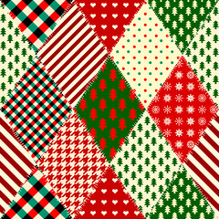 Seamless Christmas background in patchwork style. Quilting design pattern with rhombuses shapes.