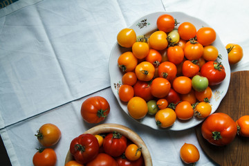 Fresh organic tomatoes of different colors on white textile background. Harvest concept. Horizontal composition. Overhead view, natural lighting, copy space.