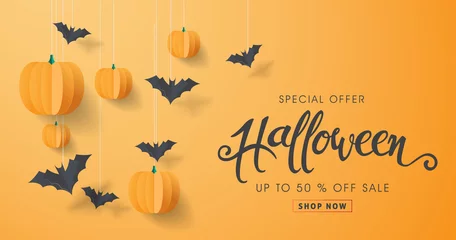 Foto op Plexiglas Happy Halloween calligraphy with paper bats and pumpkins. banners party invitation.Vector illustration. © bokmok