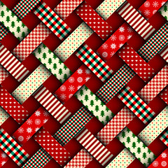 Fototapeta premium Seamless Christmas background in patchwork style. Interweaving ribbons with Christmas patterns on red background.