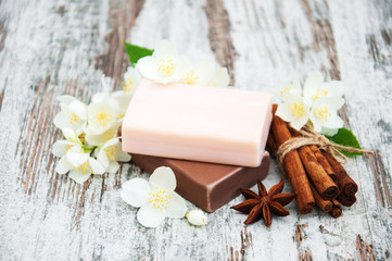 Fototapeta na wymiar Handmade soap and jasmine flowers