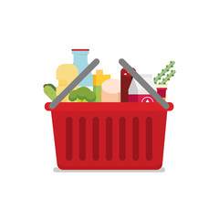 Shopping basket with fresh food and drink.Buy grocery in the supermarket. Vector flat design illustration