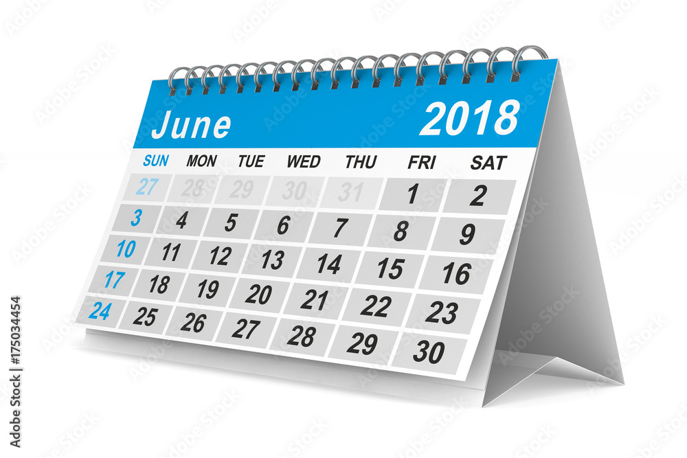 Wall mural 2018 year calendar. june. isolated 3d illustration