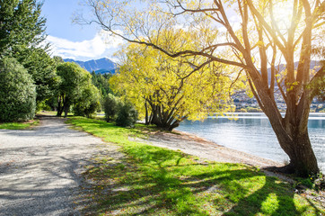 Walking track in Lake Wakatipu, which is located at south island of New Zealand.