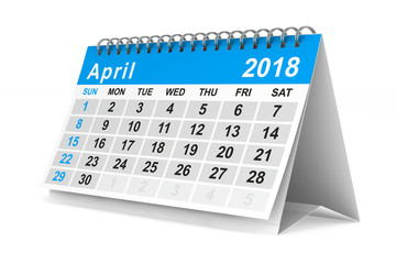 2018 year calendar. April. Isolated 3D illustration