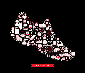 Sneakers made of doodles sport icons, sport shoes, running shoe consists of sport activities objects.