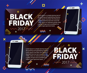 Black Friday sale banner set. Poster Sale. Template in memphis style. Fashionable and modern banners for advertising. White modern smartphone on a black background. Vector illustration