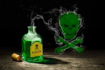 The poison is a green liquid in a glass vial. A deadly potion with smoke from the skull and bones....