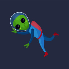 Smiling alien with big eyes wearing blue space suit flying in Space, alien positive character cartoon vector Illustration