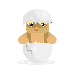 Cute newborn owl bird character, brown funny nestling in egg cartoon vector Illustration