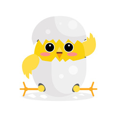 Cute newborn yellow chicken character, funny nestling in egg cartoon vector Illustration