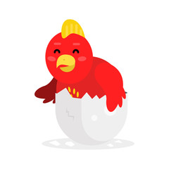 Cute newborn red bird character, funny nesting in egg cartoon vector Illustration