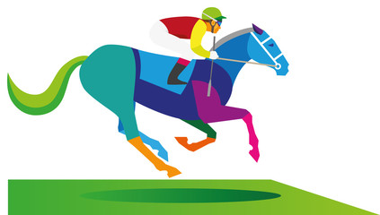 An experienced jockey in green helmet with a stick to strive for the finish in his race