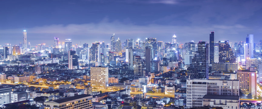 Bangkok skyline panorama aerial view at night.
