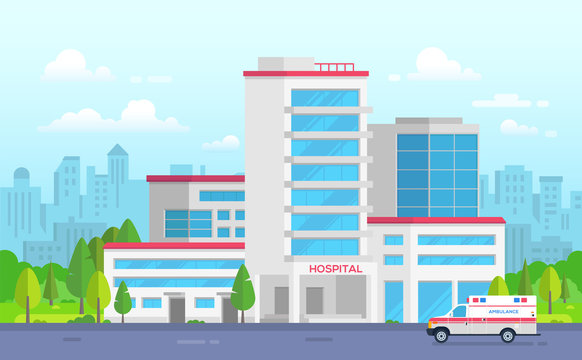 City hospital with ambulance - modern vector illustration