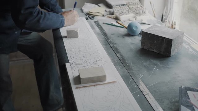 Workplace engraver. Panoramic view, drawing, two marble slabs, glued together.
