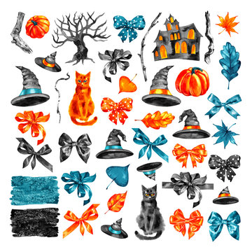Halloween set, drawn. Watercolor symbols. Stylized drawing in vintage style