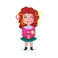 Adorable beautiful little girl standing and reading fairytale book, kids imagination concept colorful cartoon vector Illustration
